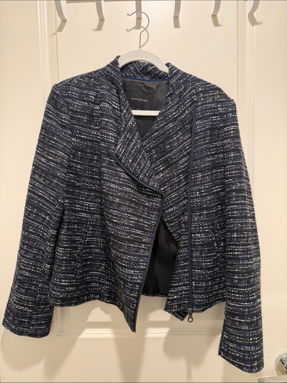 Banana Republic Navy & White Tweed Zip-Front Blazer